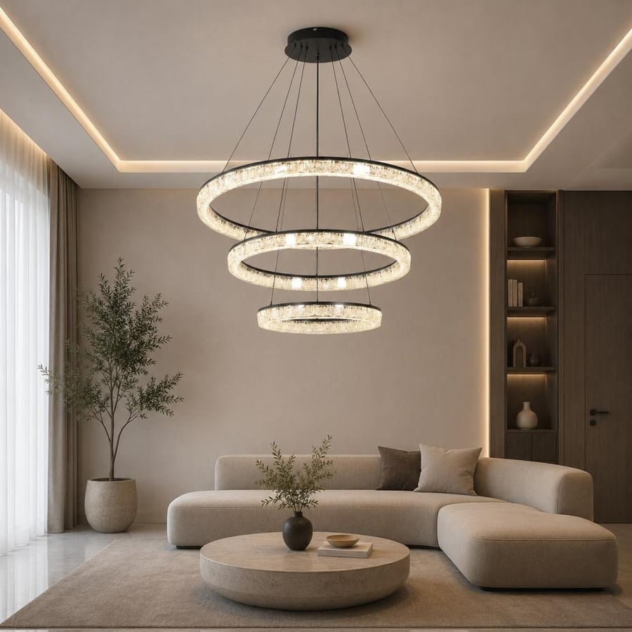 ثريا LED مودرن ثلاث حلقات بإضاءة محيطية – اسود