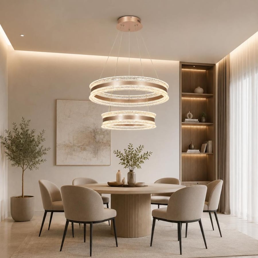 ثريا LED كريستالية بتصميم عصري فاخر بحلقتين – ذهبي – مقاسات 40 + 60 سم