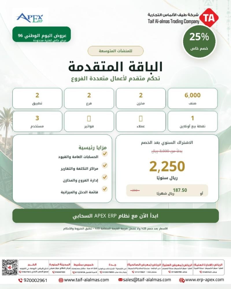 اشتراك نظام أبكس السحابي - الباقة المتقدمة (متعددة الفروع)