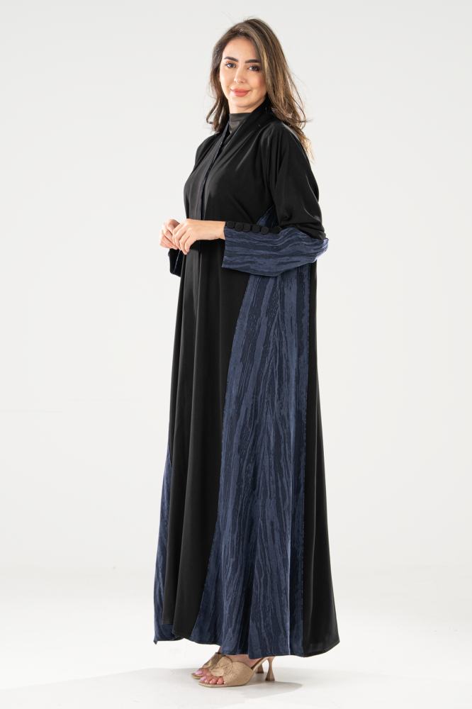 عباية كريب اسود بتدخيلات حرير تركي كحلي-نص كلوش