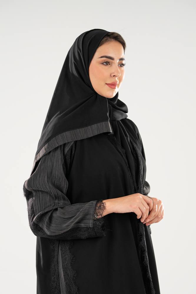 عباية كريب كوري بتخيلات حرير تركي دانتيل لون اسود-نص كلوش