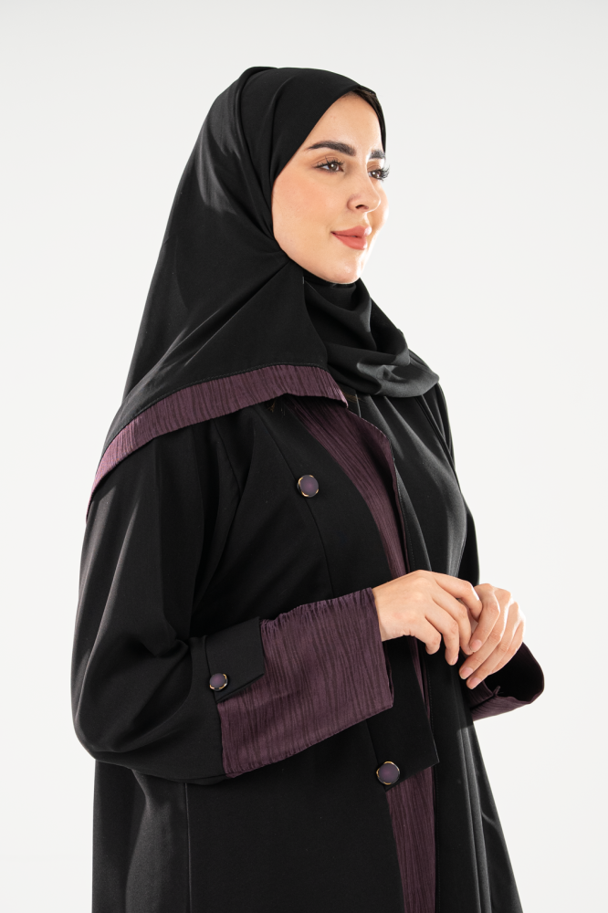 عباية اسود كريب ايطالي بتخيلات حرير تركي لون موفر-نص كلوش