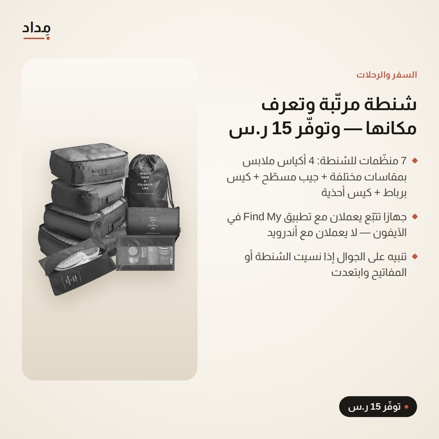 طقم حقيبة السفر الذكية — 7 منظّمات للشنطة + جهازا تتبّع Find My للآيفون