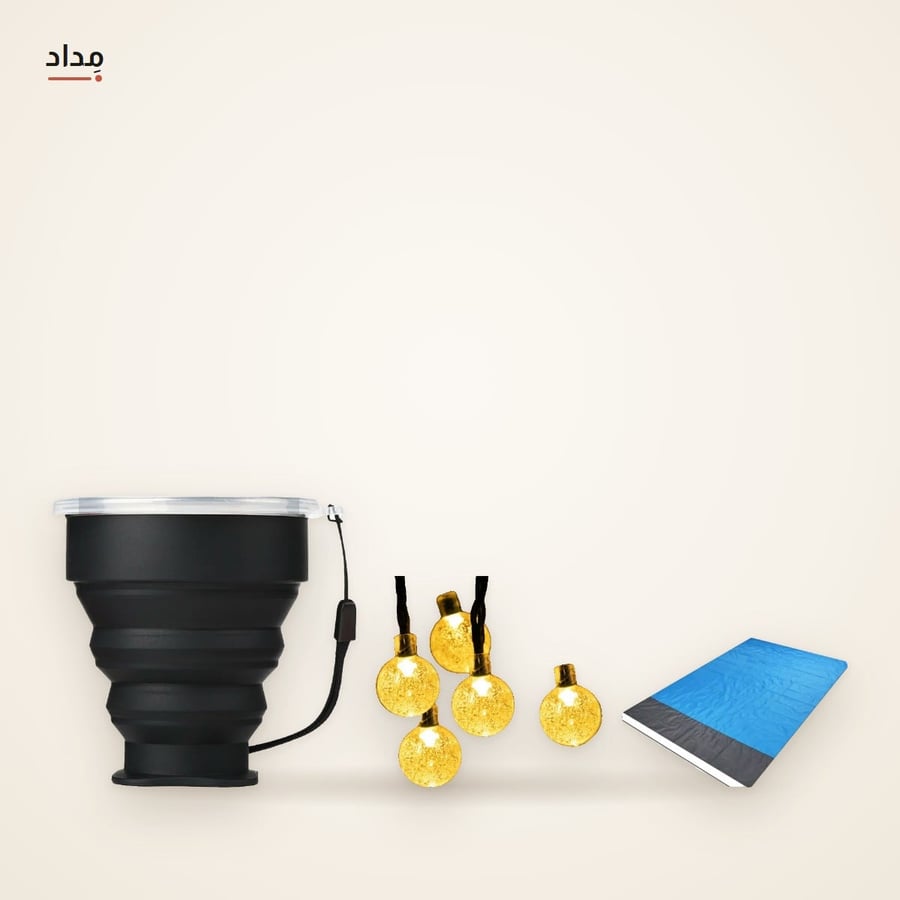 طقم جلسة البر 4 قطع — فرشة 140×200 + إضاءة شمسية 11 م + كوبان قابلان للطي