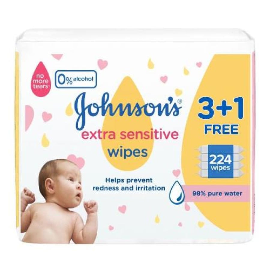 مناديل أطفال جونسون 224 منديل فائقة الحساسية مع عرض 3+1 مجاناً Johnson's