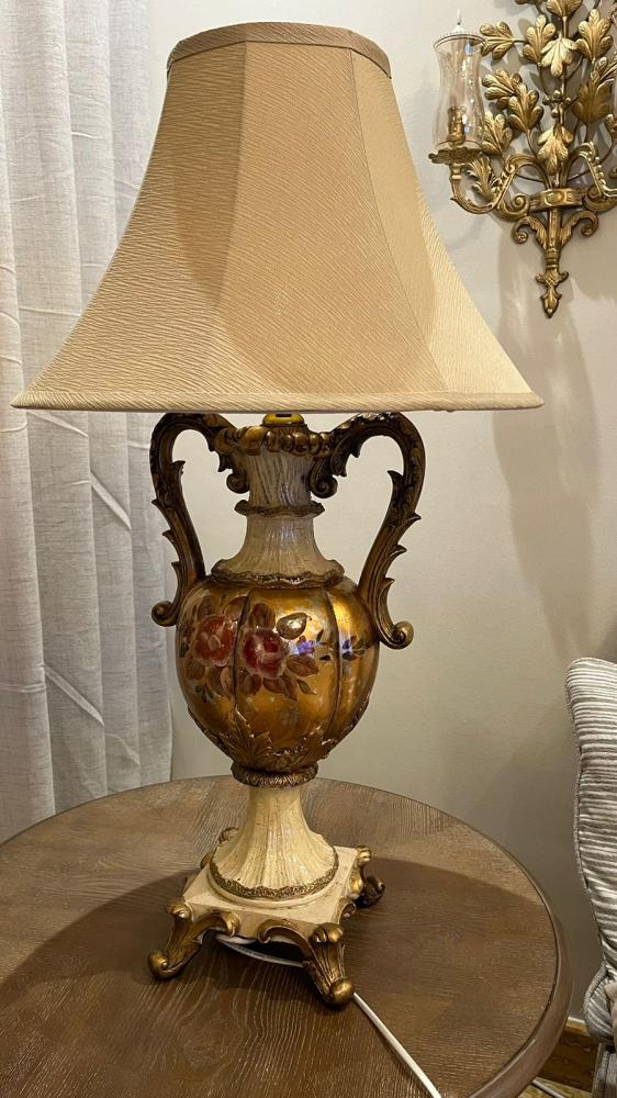 European style table lamp - enameled resin decorated with flower designs