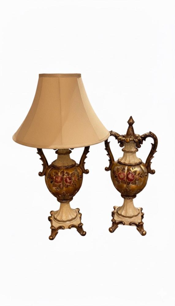 European style table lamp - enameled resin decorated with flower designs