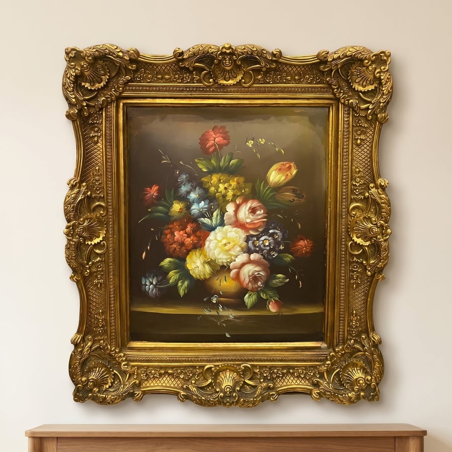 Wall art with flower print - decorated frame in gold color
