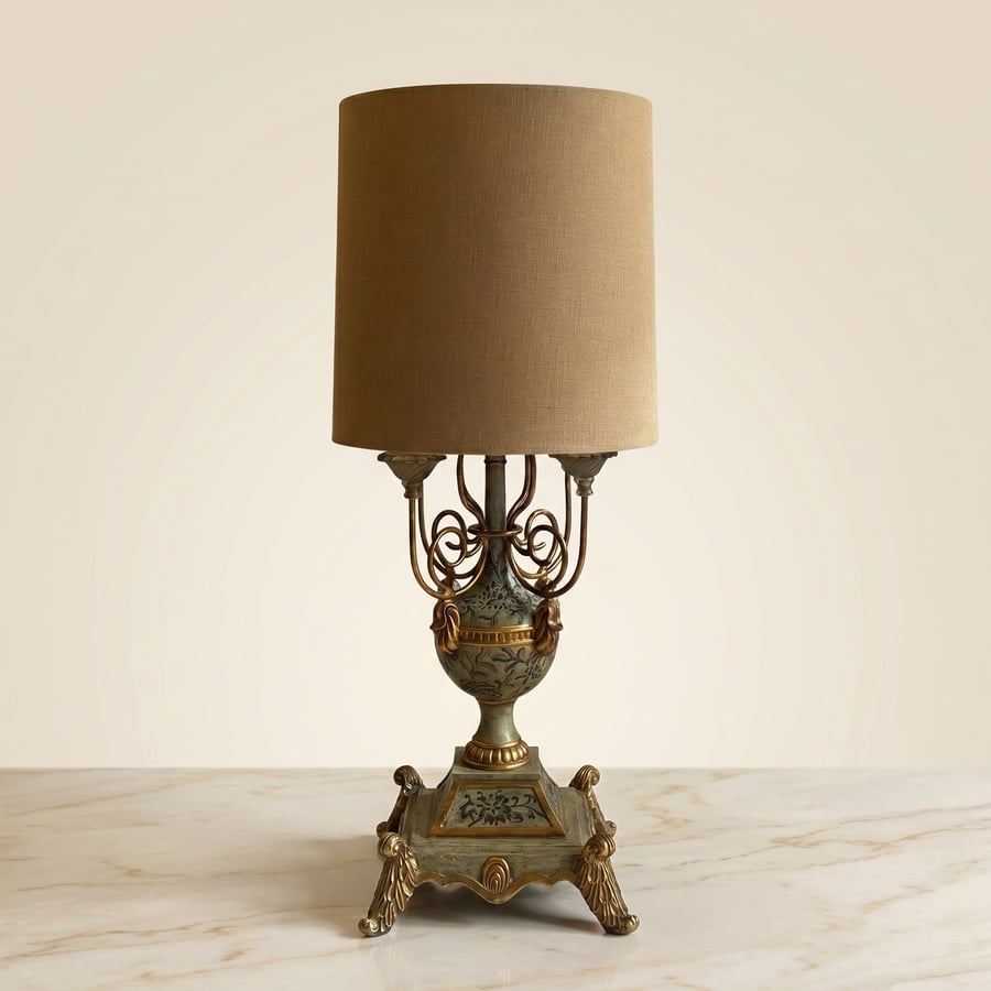 Antique European table lamp - decorated base with gold and green ornaments