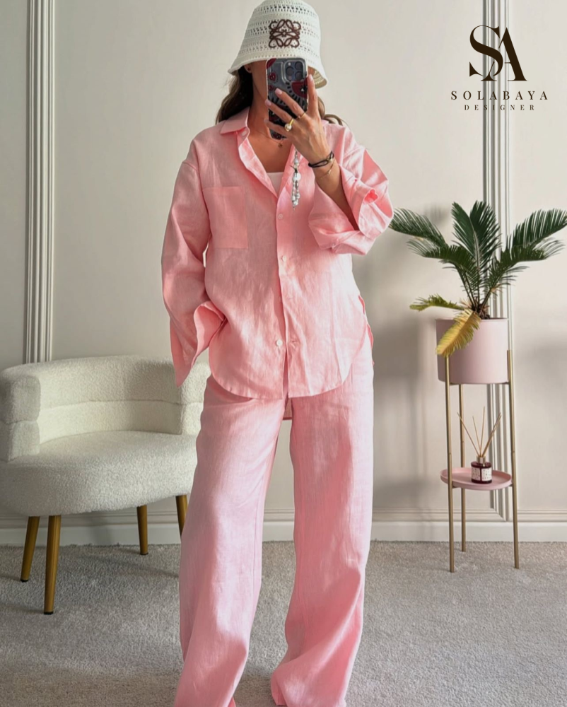 Baby pink ست لينن طبيعي بلون