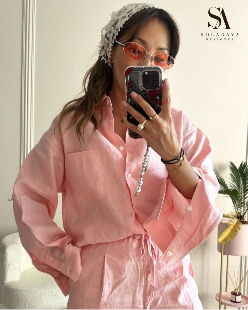 Baby pink ست لينن طبيعي بلون