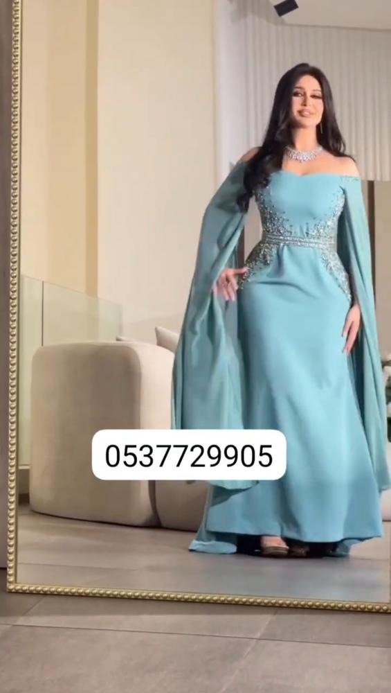 فستان فاخر لون سماوي _ نوع القماش باربي مع شيفون
