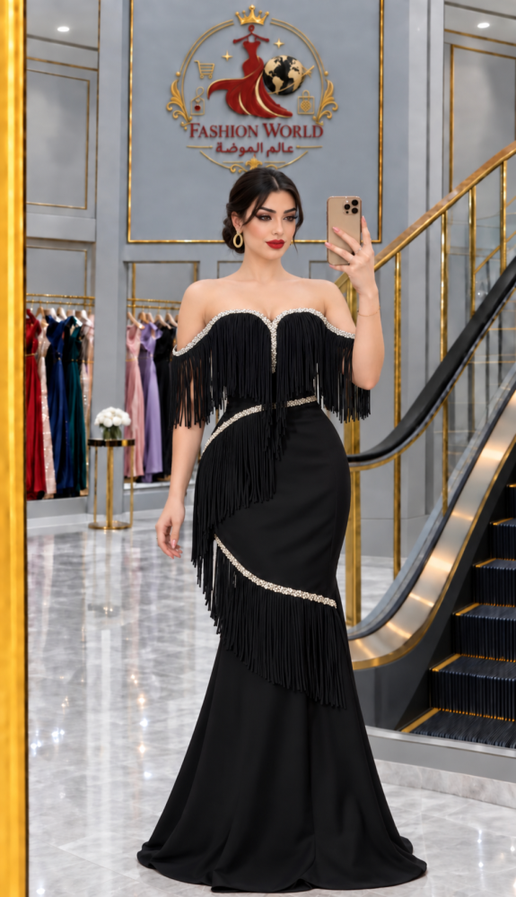 فستان اسود فخم قماش كريب هدب