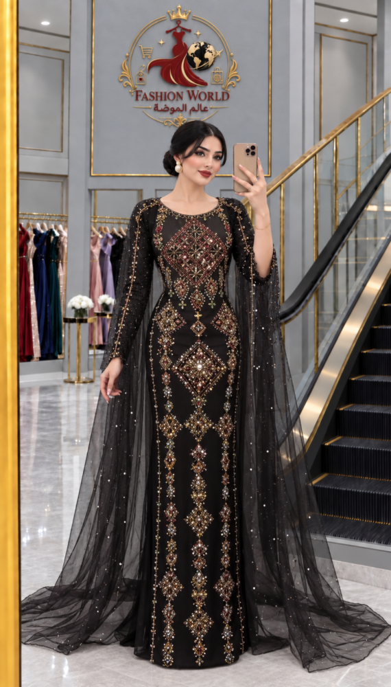 مخور أسود من قماش كريب ناعم، مزين بتطريز يدوي وأحجار لامعة بالأحمر والذهبي، مع رداء تول شفاف طويل يمنحه إطلالة ملكية أنيقة ومميزة.