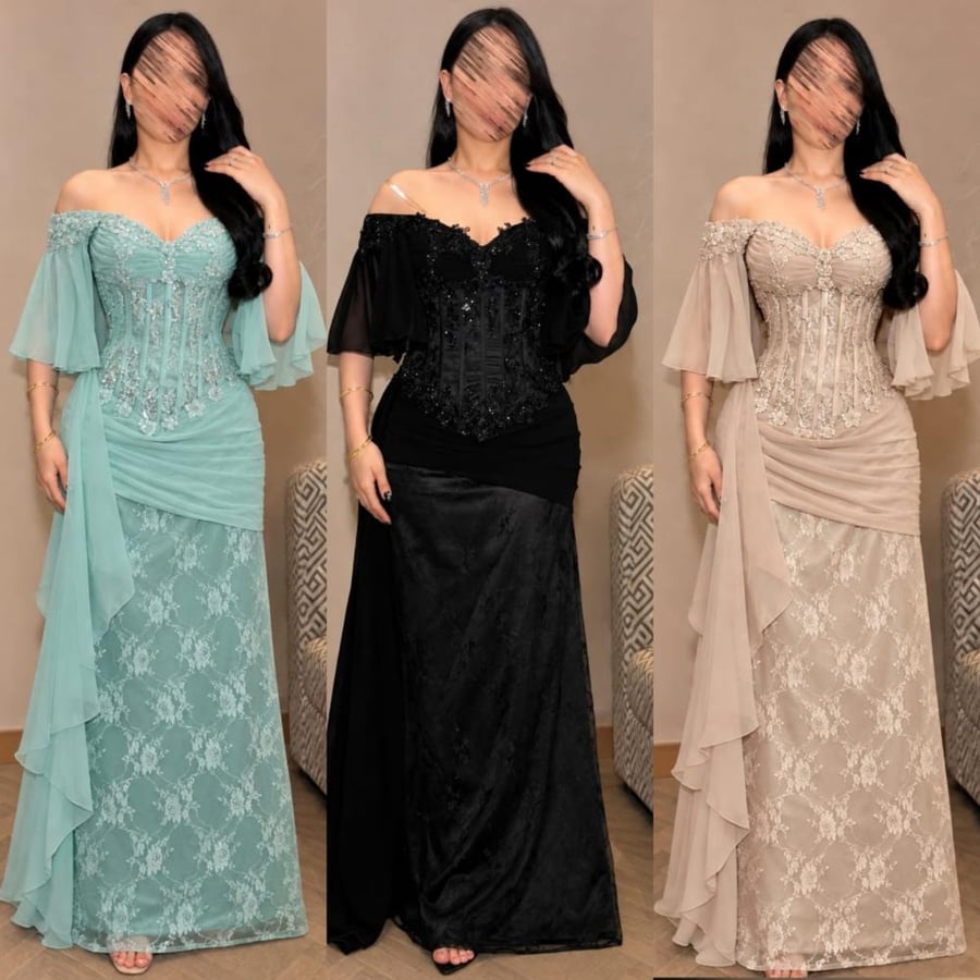 فستان سهرة.القماش|دانتيل +جورجيت +تل خرز  بطانه تفته