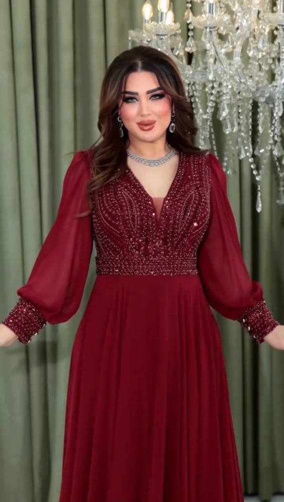 فستان سهرة فخامة بالون الأحمر العنابي