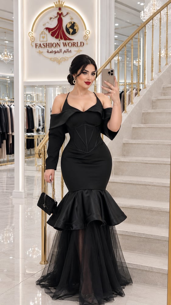فستان سهرة أسود فاخر – ساتان دوقة مع تفاصيل تول ناعم وقصة حورية أنيقة.