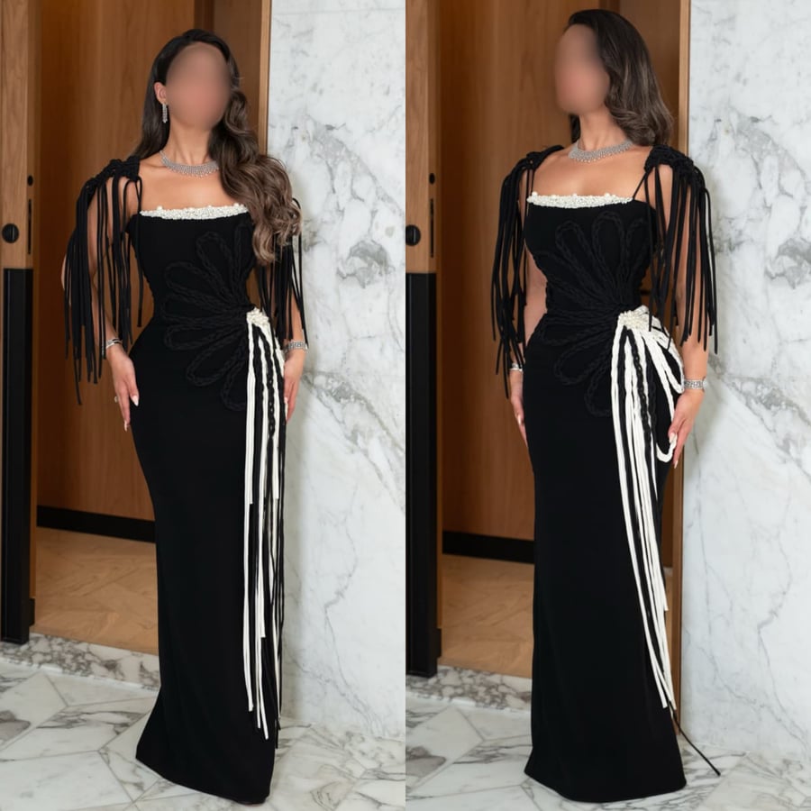 فستان اسود راقي قماش كريب +باربي تطريز