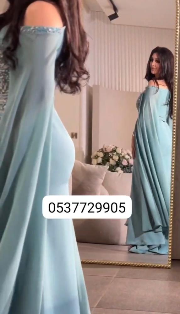 فستان فاخر لون سماوي _ نوع القماش باربي مع شيفون