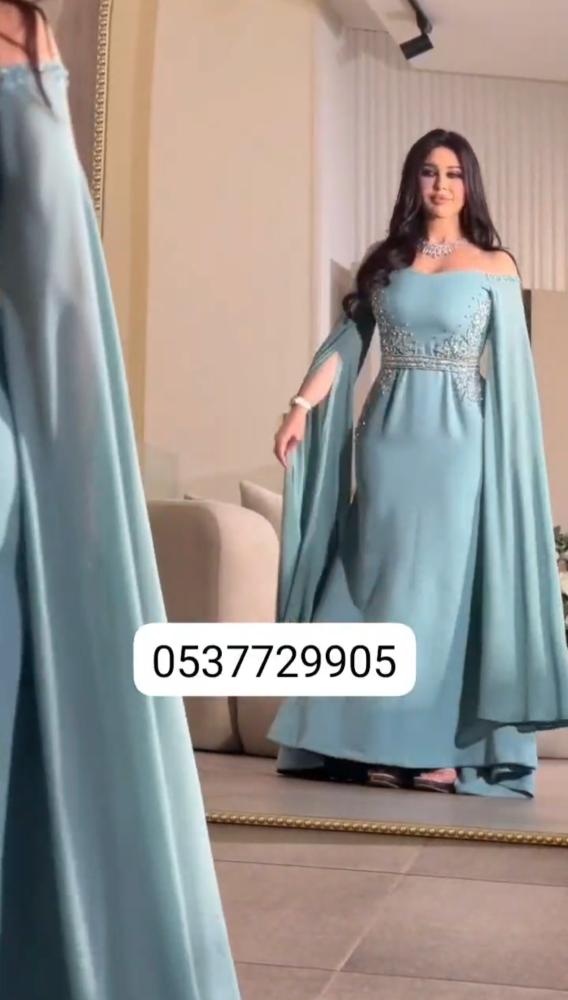 فستان فاخر لون سماوي _ نوع القماش باربي مع شيفون