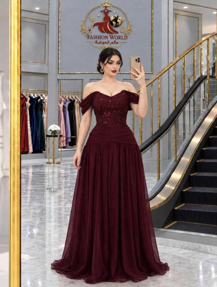 فستان سهرة   انيق _  نوع القماش:  *  شيفون جورجيت اصلي درجه اولى  علا دانتيل بتطريز راقي