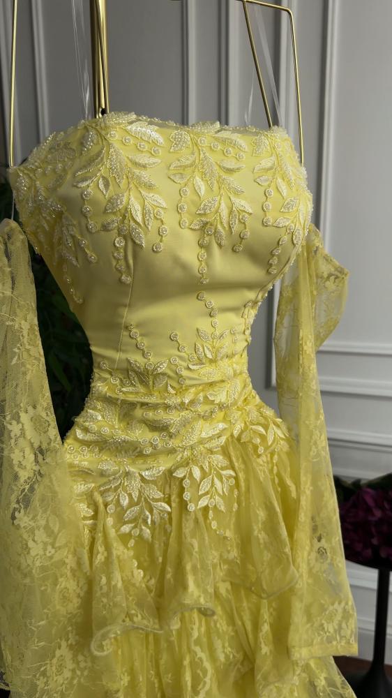 فستان سهرة الصدرتفته كلفه  تطريز خرز دانتيل كلوش