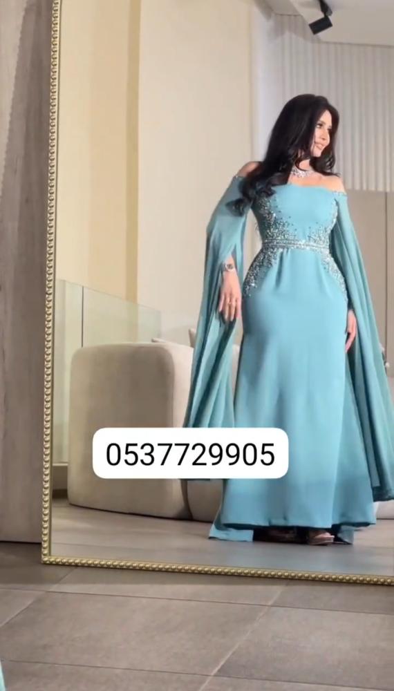فستان فاخر لون سماوي _ نوع القماش باربي مع شيفون