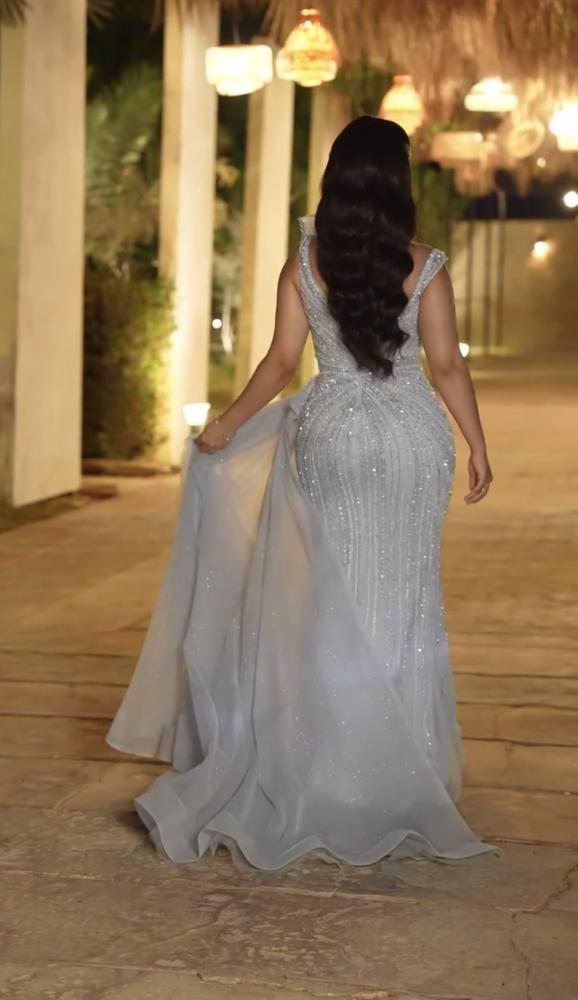 فستان سهرة فاخر لون سماوي فاتح راقي