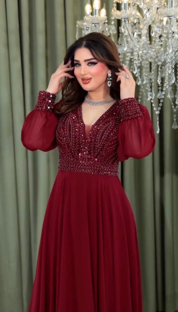فستان سهرة فخامة بالون الأحمر العنابي