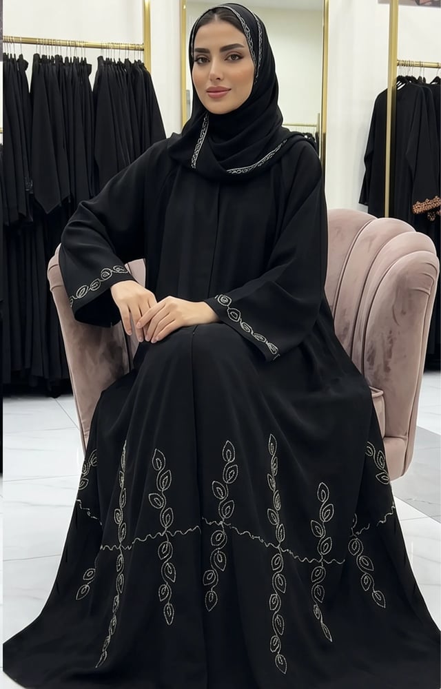 عباية سوداء بتطريز أوراق فضية