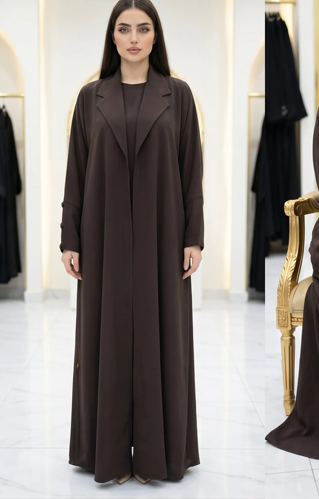 عباية كلوش بنية بياقة مضفرة