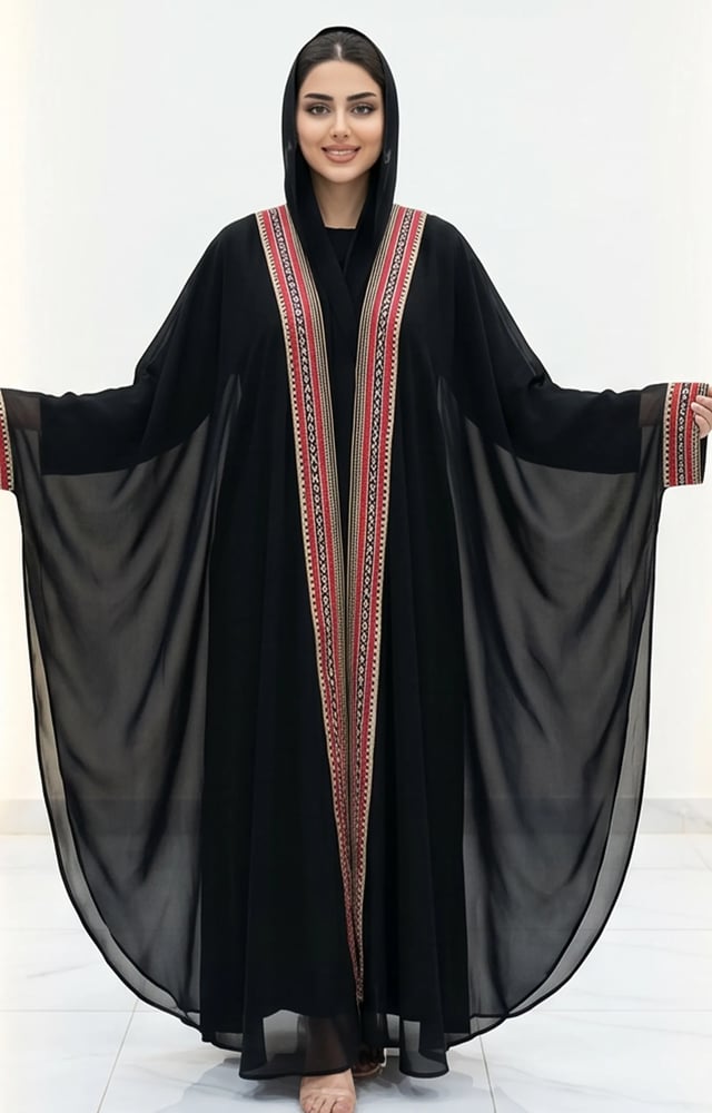 شيفون عروس أسود بتطريز تراثي أحمر