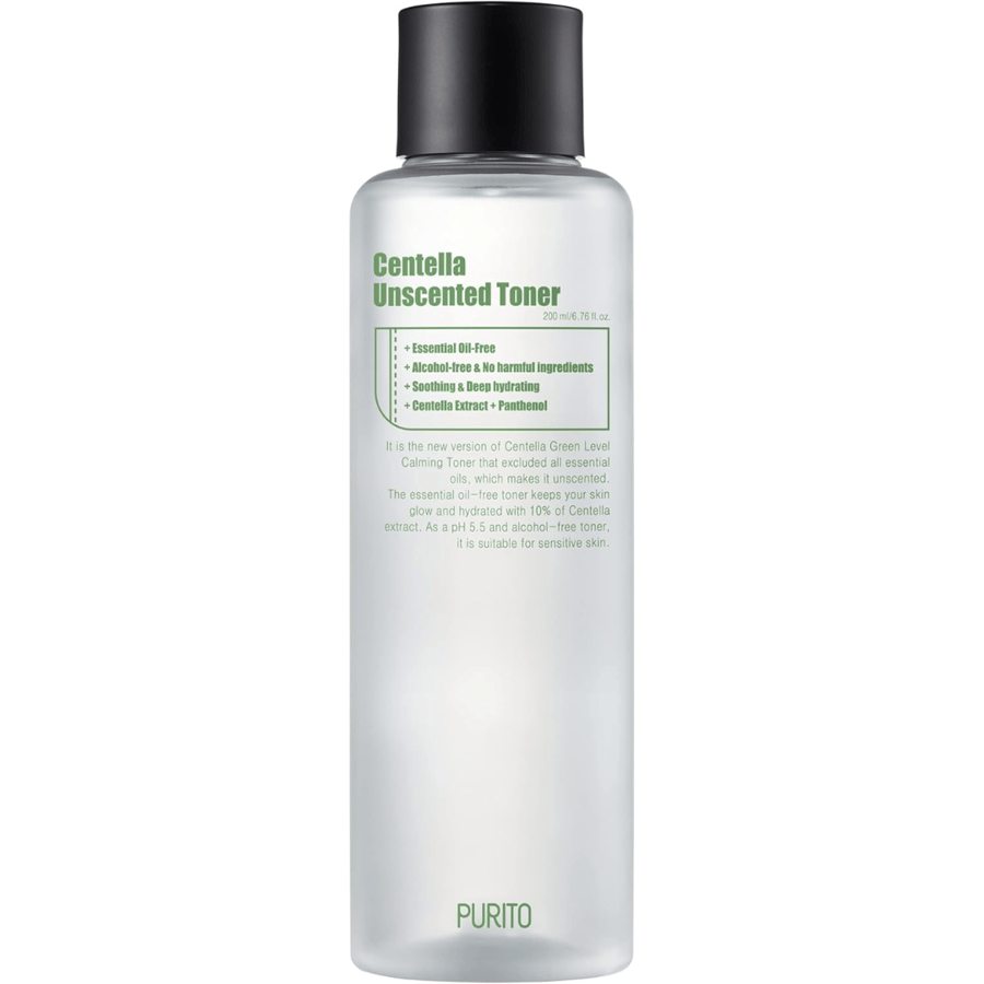 Purito facial moisturizer toner size, Centella fragrance-free, pH level 5.5, 200 ml
