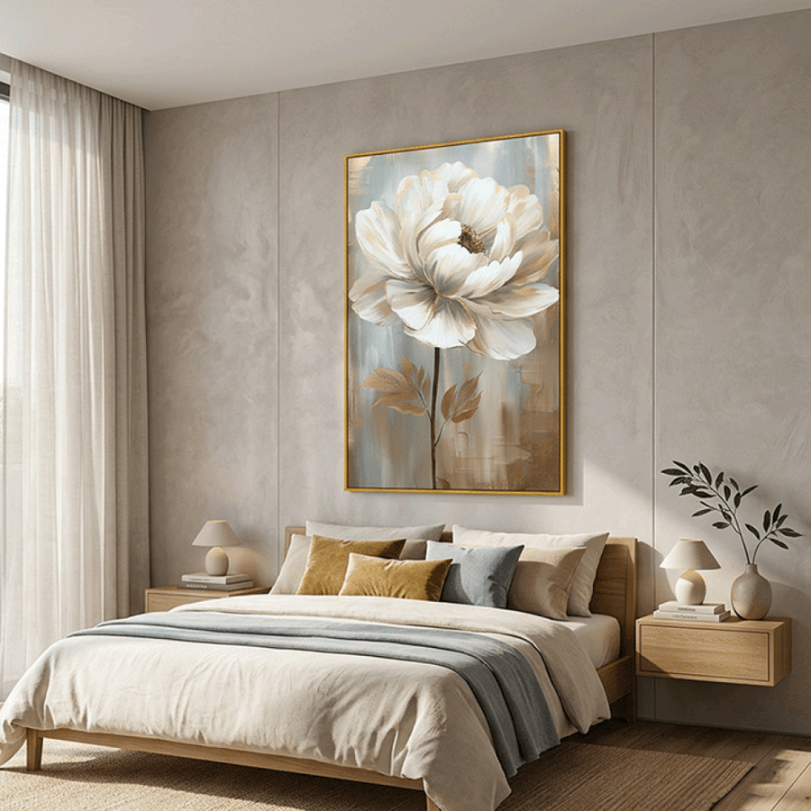 لوحة كانفس زهرة فاوانيا بيضاء بلمسات ذهبية ورمادي مزرق