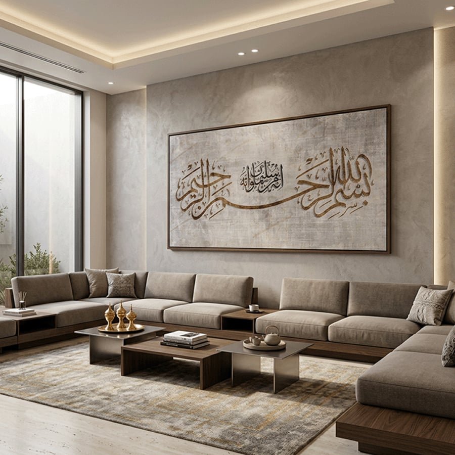 لوحة إسلامية عرضية بخط الثلث بلون بيج وبني ذهبي