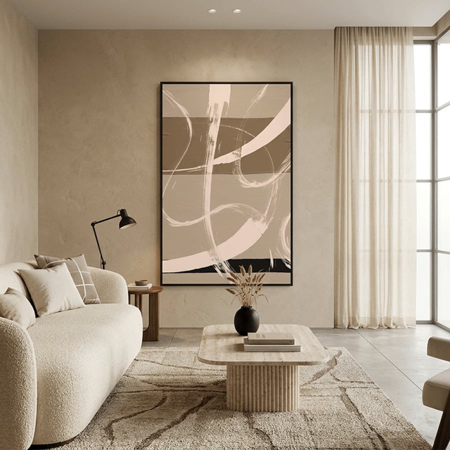 دوائر الطين — لوحة تجريدية طولية بيج وبني وأسود