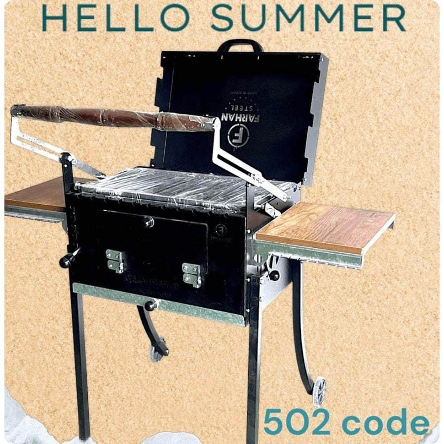Galvanize grill fifth generation with lid 40×60 cm, movable coal house, and wheels that make transportation easier