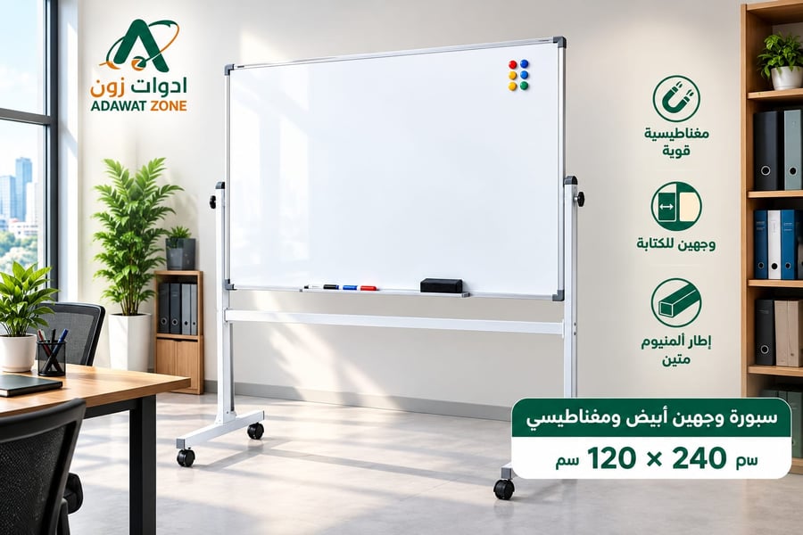 سبوره بيضاء وجهين ومغناطيسي  مع حامل متحرك مقاس 120x240