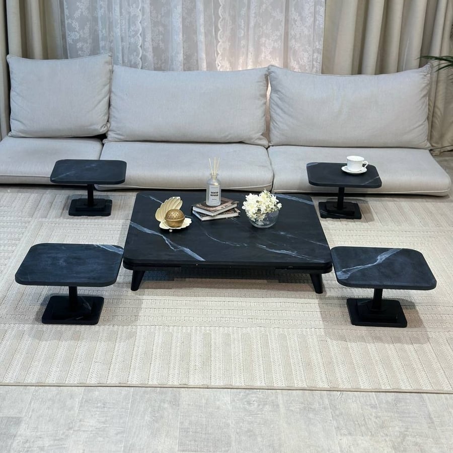 طقم طاولات أرضي أسود 5 قطع مع 4 خدمة – 90×90 سم للمجالس