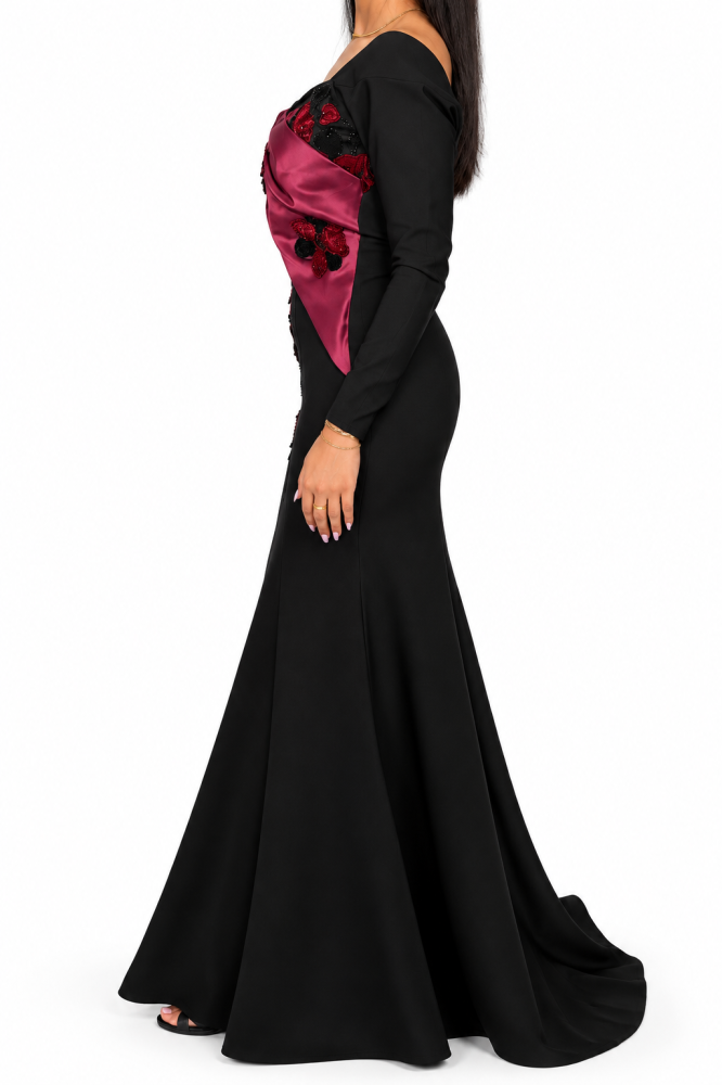 فستان سهرة أسود بالورود