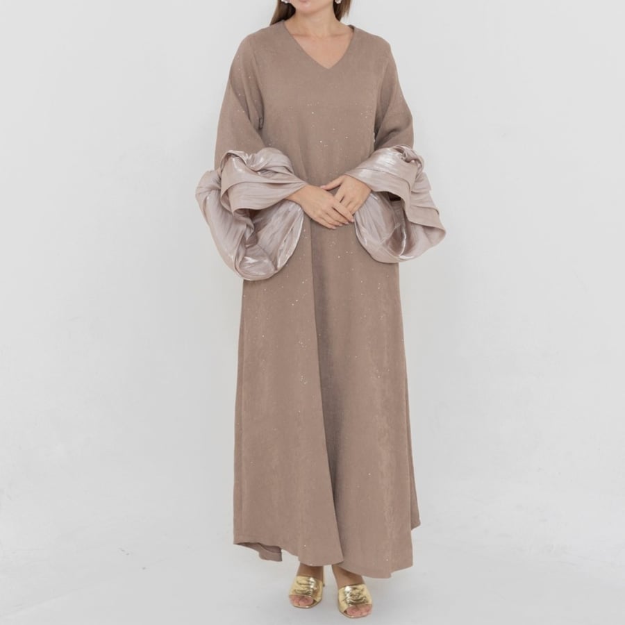 Ladies puffy sleeves dress crepe fabric with glitter