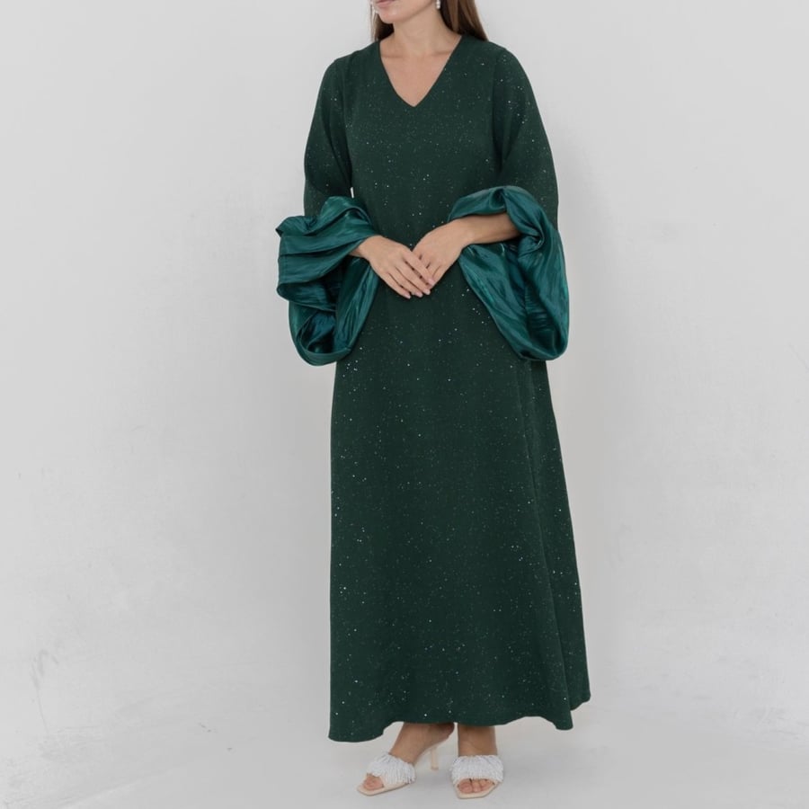 Ladies puffy sleeves dress crepe fabric with glitter