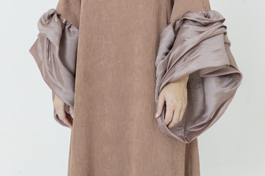 Ladies puffy sleeves dress crepe fabric with glitter