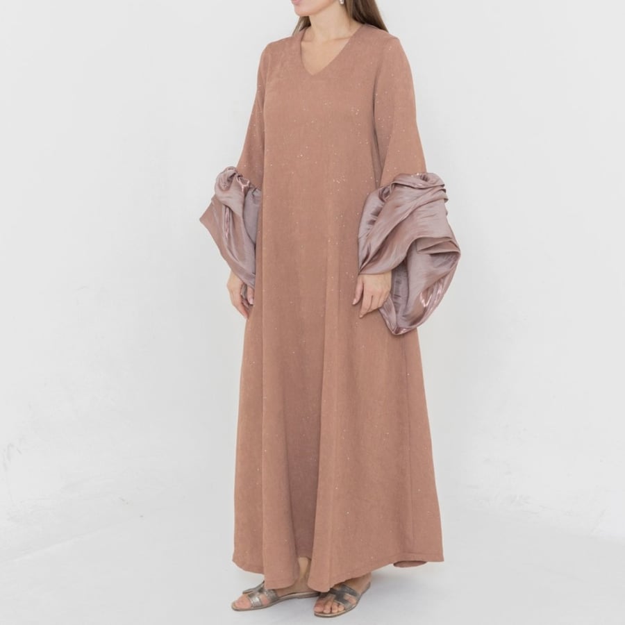 Ladies puffy sleeves dress crepe fabric with glitter