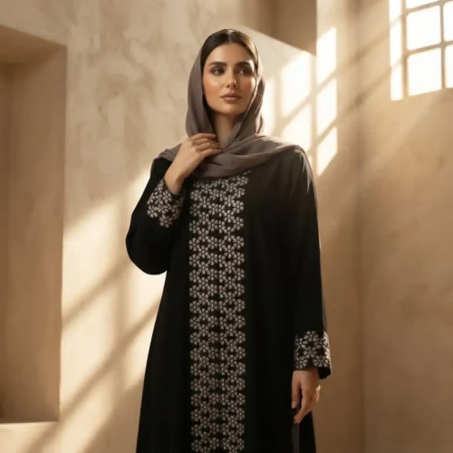 عباية سوداء بشريط تطريز طولي