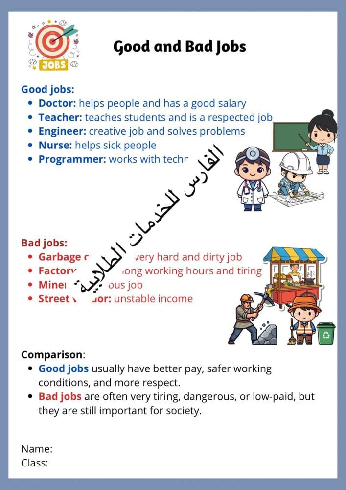 الوظائف الجيدة والوظائف السيئة good and bad jobs - انجليزي أول متوسط الترم الثاني -