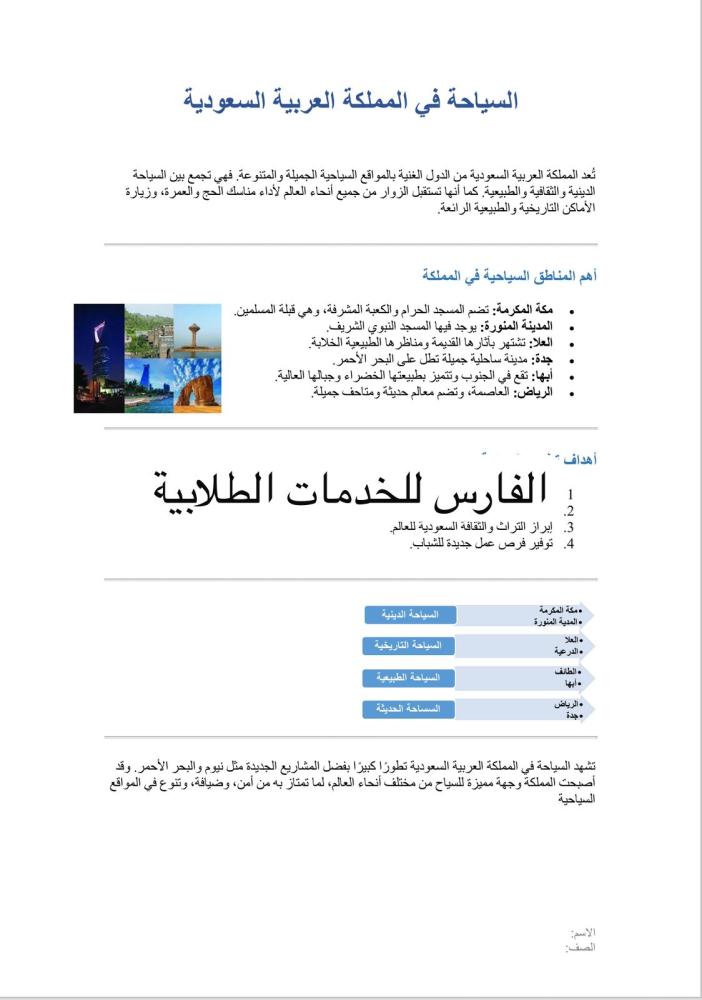 مشروع السياحة في المملكة العربية السعودية مهارات رقمية خامس الترم الأول برنامج وور word