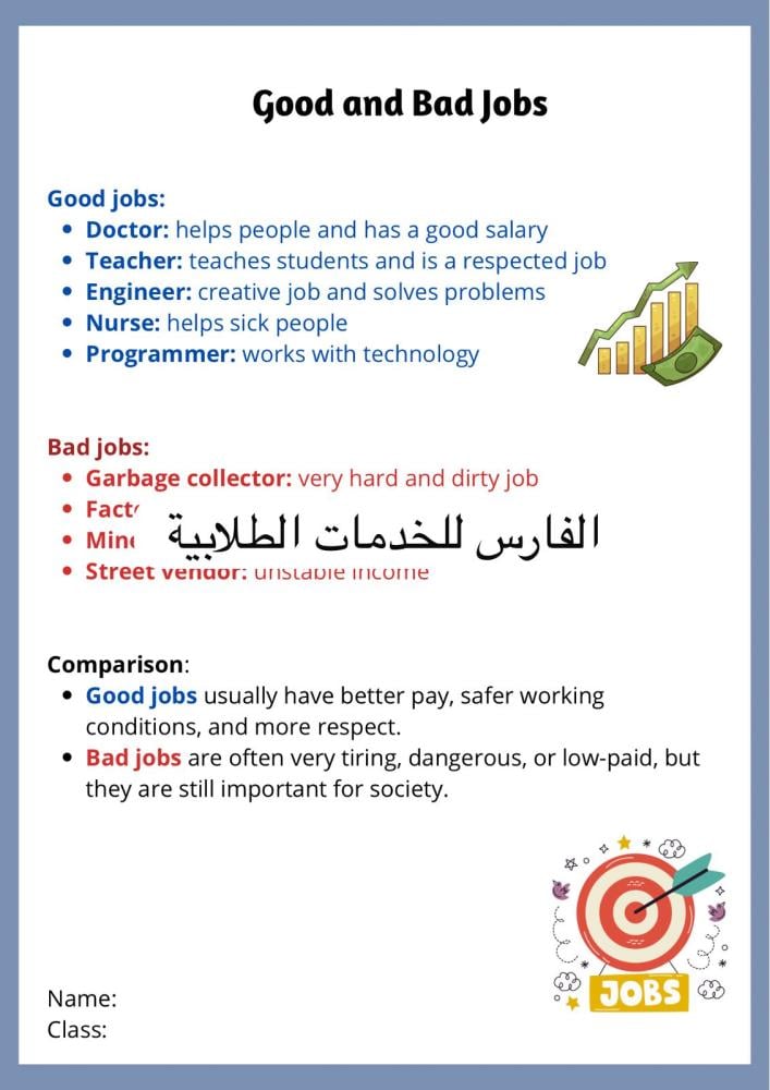 الوظائف الجيدة والوظائف السيئة good and bad jobs - انجليزي أول متوسط الترم الثاني -