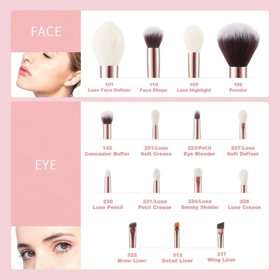 Jisoo brush set, face and eye brushes, 15 brushes, Black Rose Gold T162