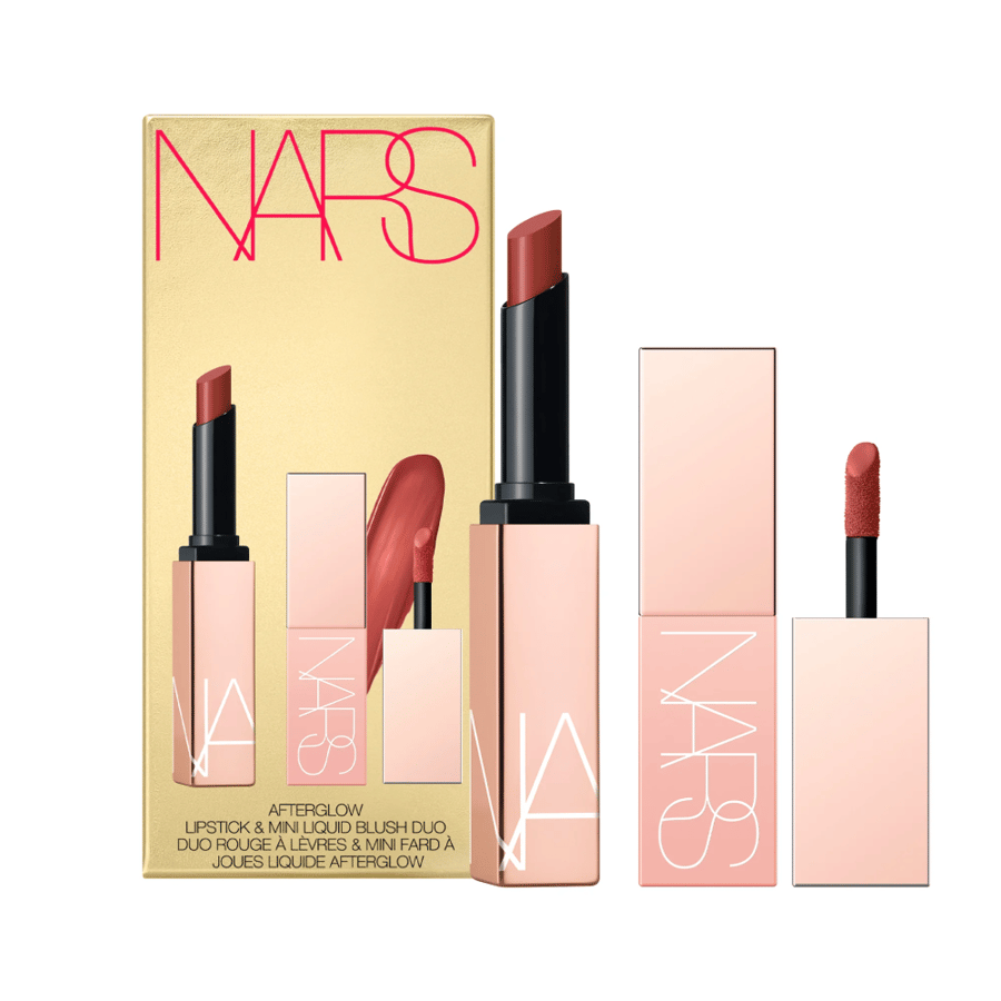 NARS duo lipstick, Afterglow, and purple liquid blush